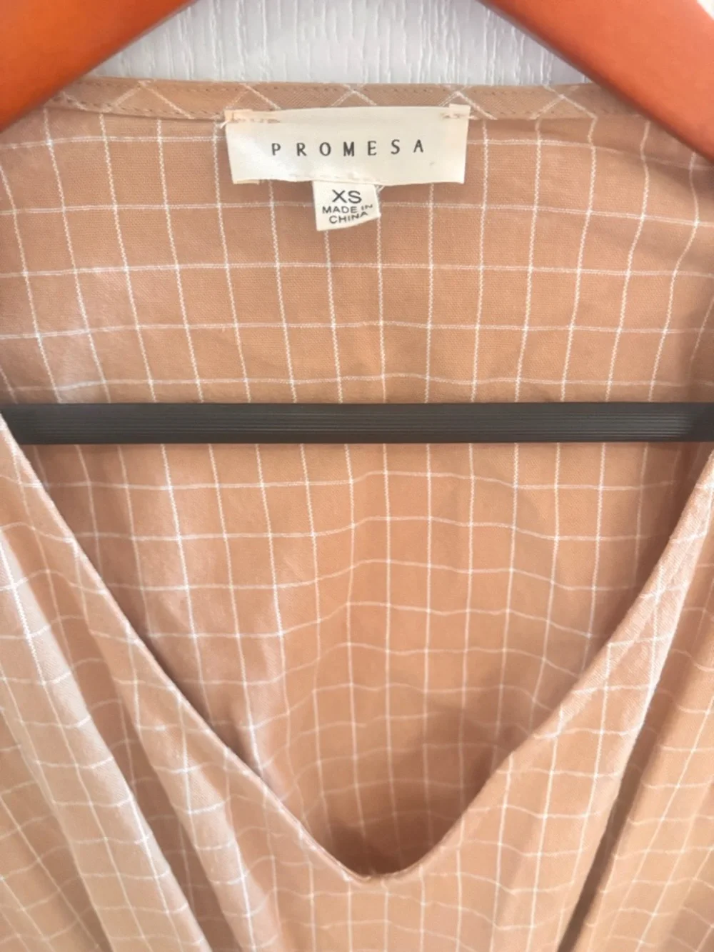 Promesa Beige Grid Puff Sleeve Cutout Back Tie Waist Dress XS Boho Cottagecore - Picture 4 of 6